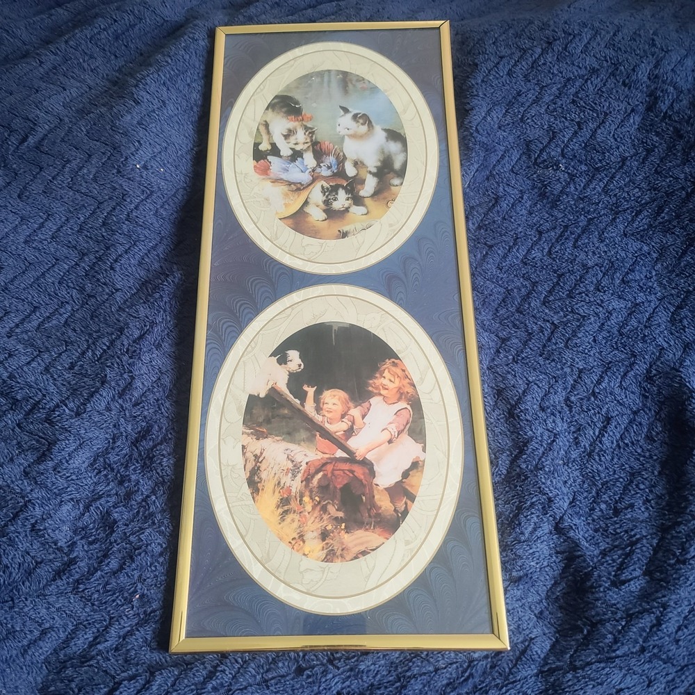 Cats Dogs Children Framed Under Glass Print - 18x9- Gold Frame New